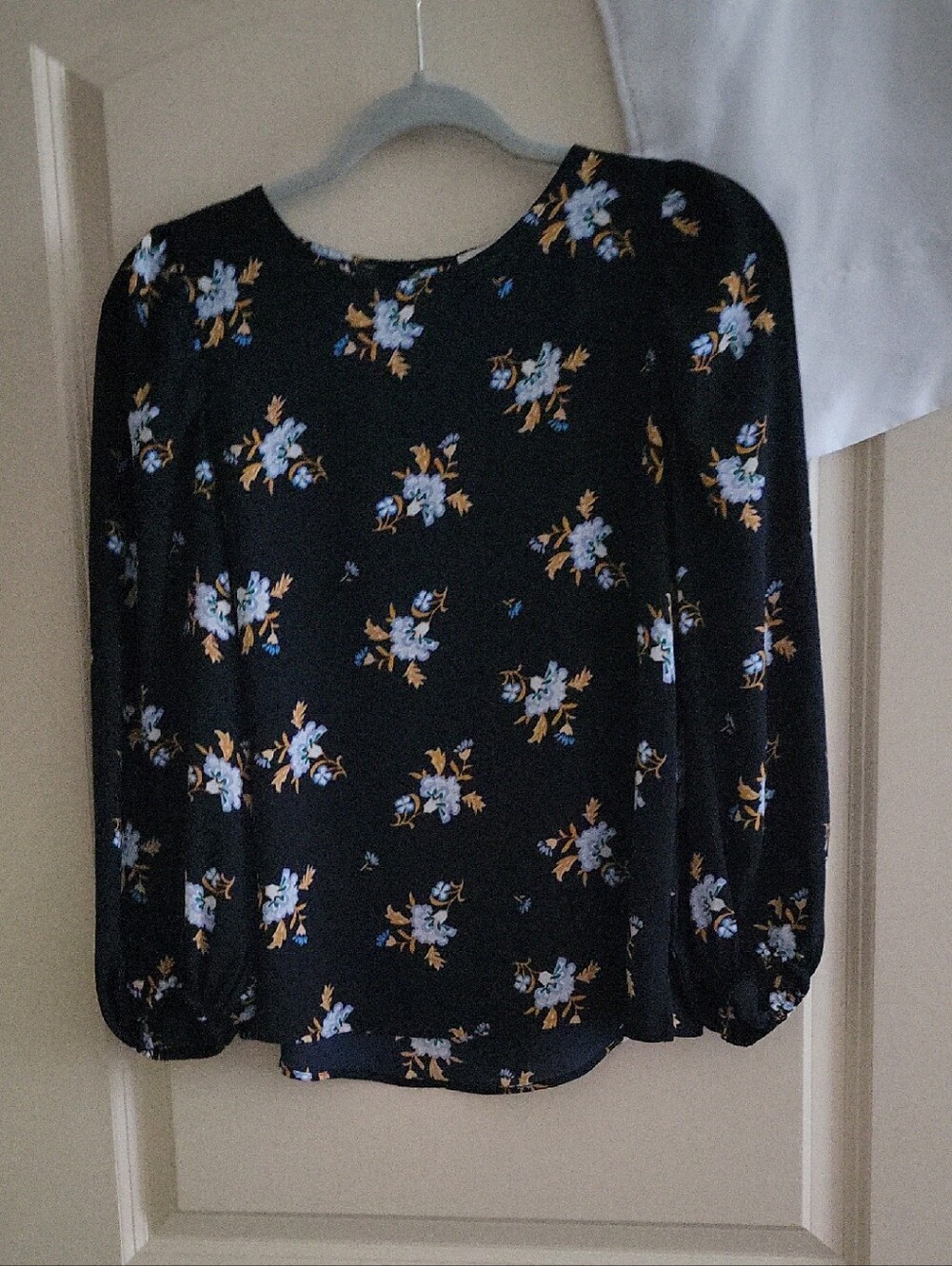 LOFT Black Floral Long-Sleeve Blouse with Blue and Gold Flowers